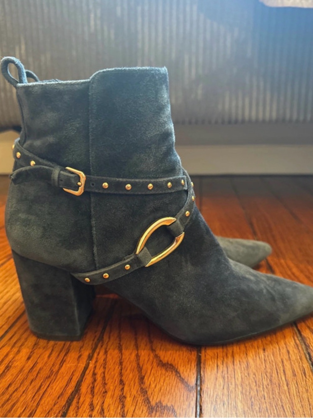 White House Black Market Dark Green Suede Ankle Boot with Gold Accents